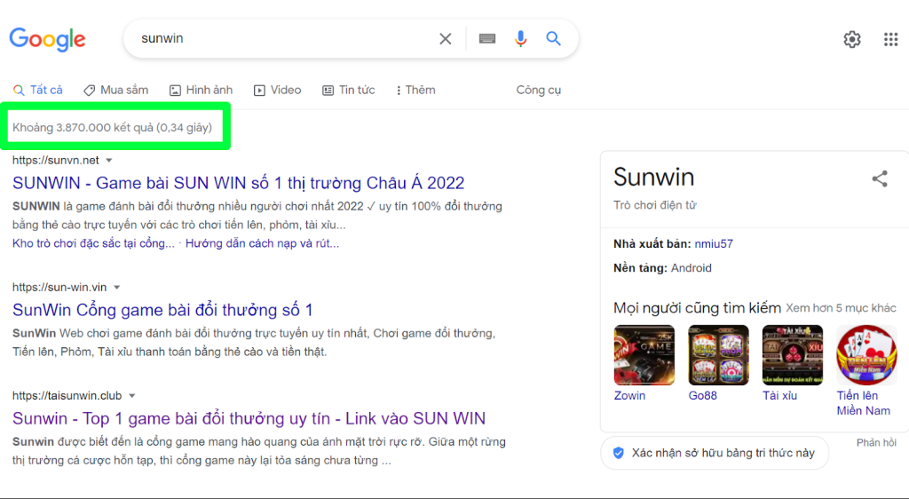 Kết quả google hiển thị về Sunwin 